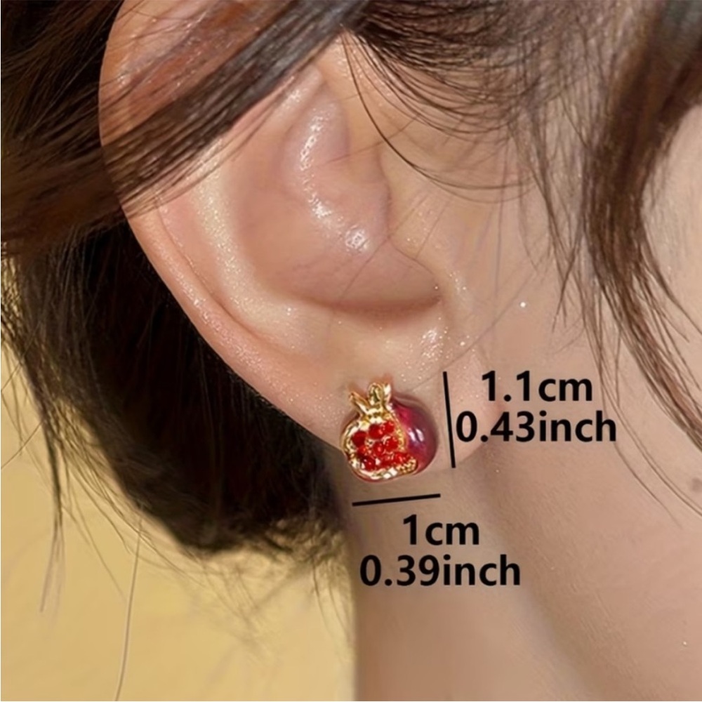Gold and Red Pomegranate Stud Earrings - Picture 3 of 3